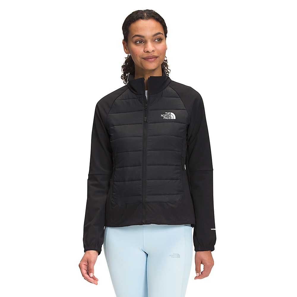 Women’s black quilted hybrid jacket with full-zip front and high collar