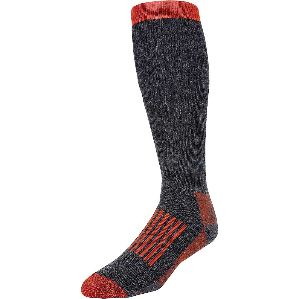 Simms merino thermal over-the-calf sock, dark with red-orange cuff, heel, and stripes