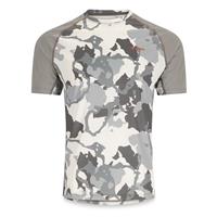 The Simms Mens Challenger Solar Tee is a men's short-sleeve fishing shirt with gray, white, and black camo front, plain gray sleeves, moisture-wicking fabric, and sun protection—ideal for active outdoor days.