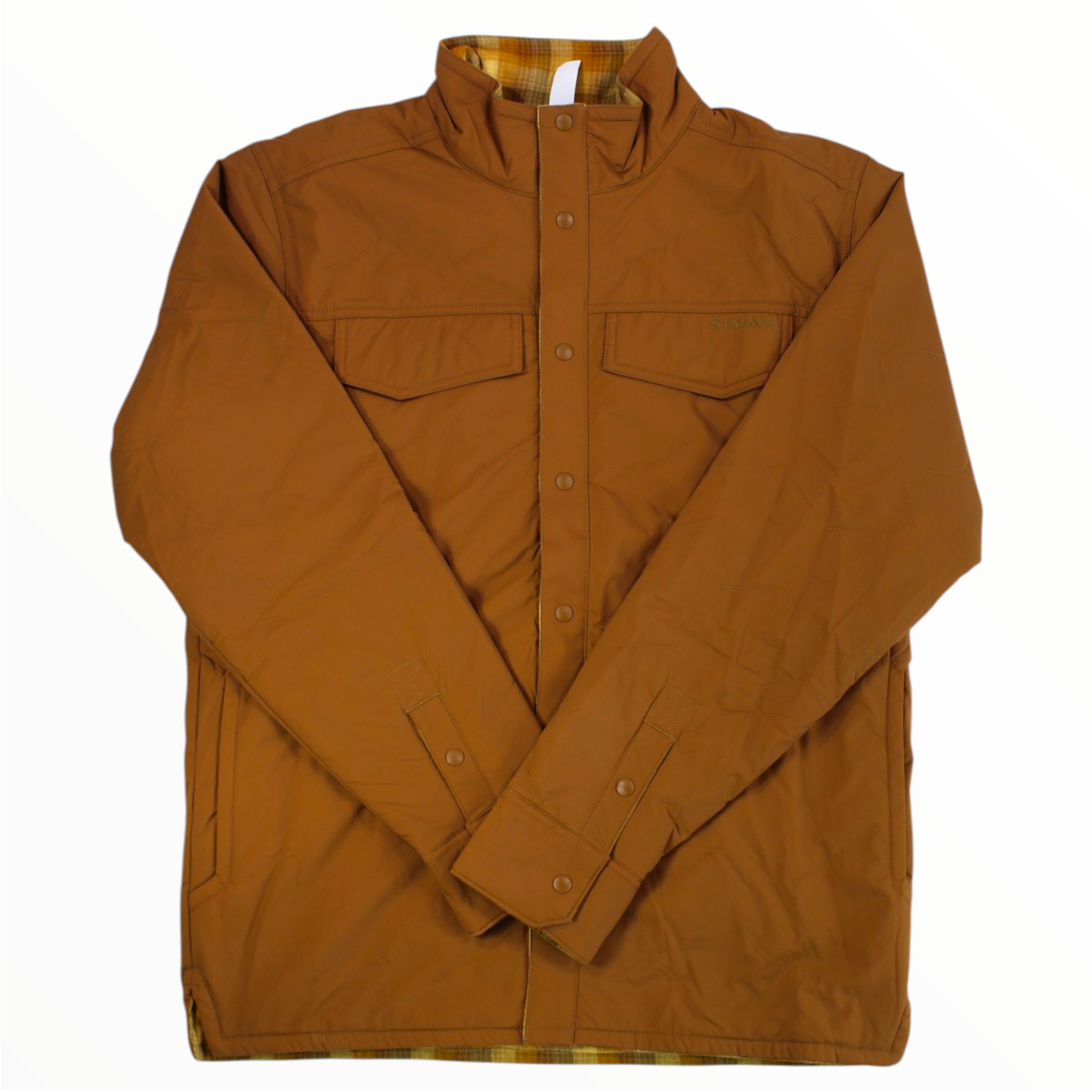 Reversible jacket with button-front and high collar, two chest pockets, brown