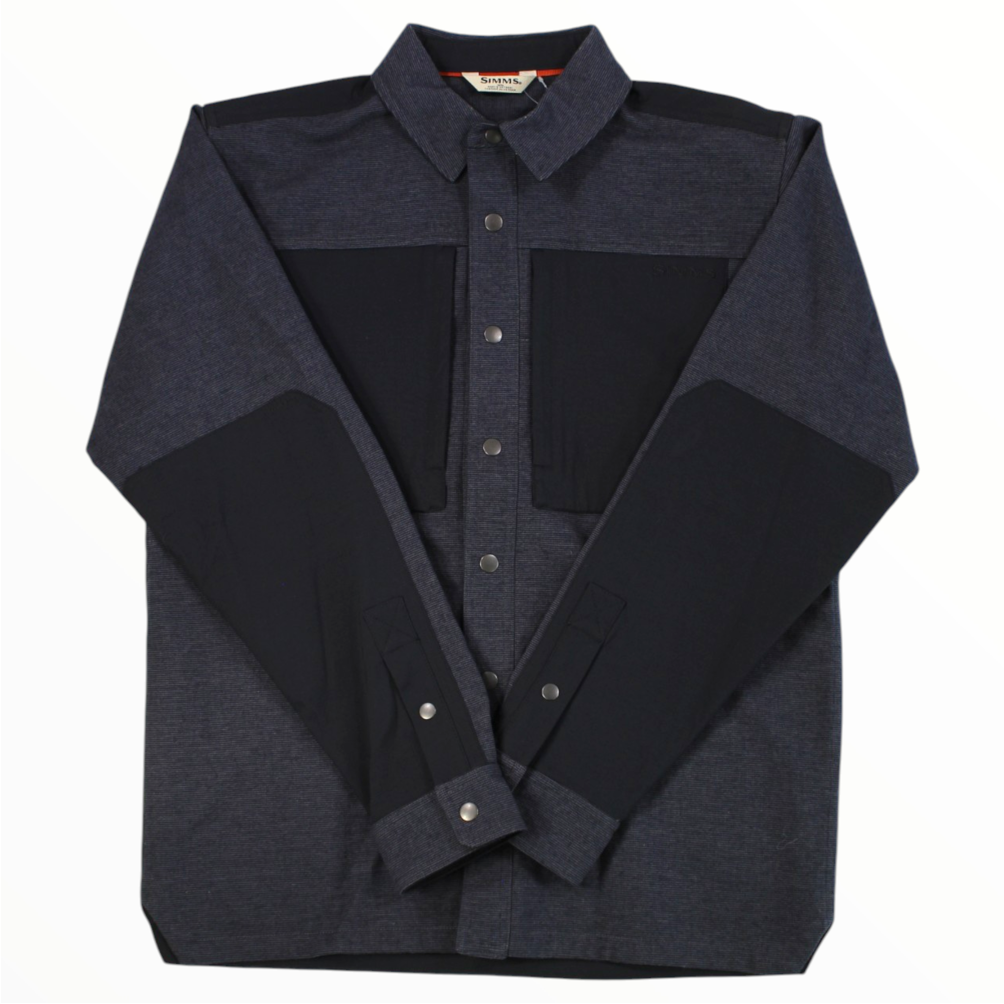 Men's slate blue overshirt with dark front placket and buttoned collar