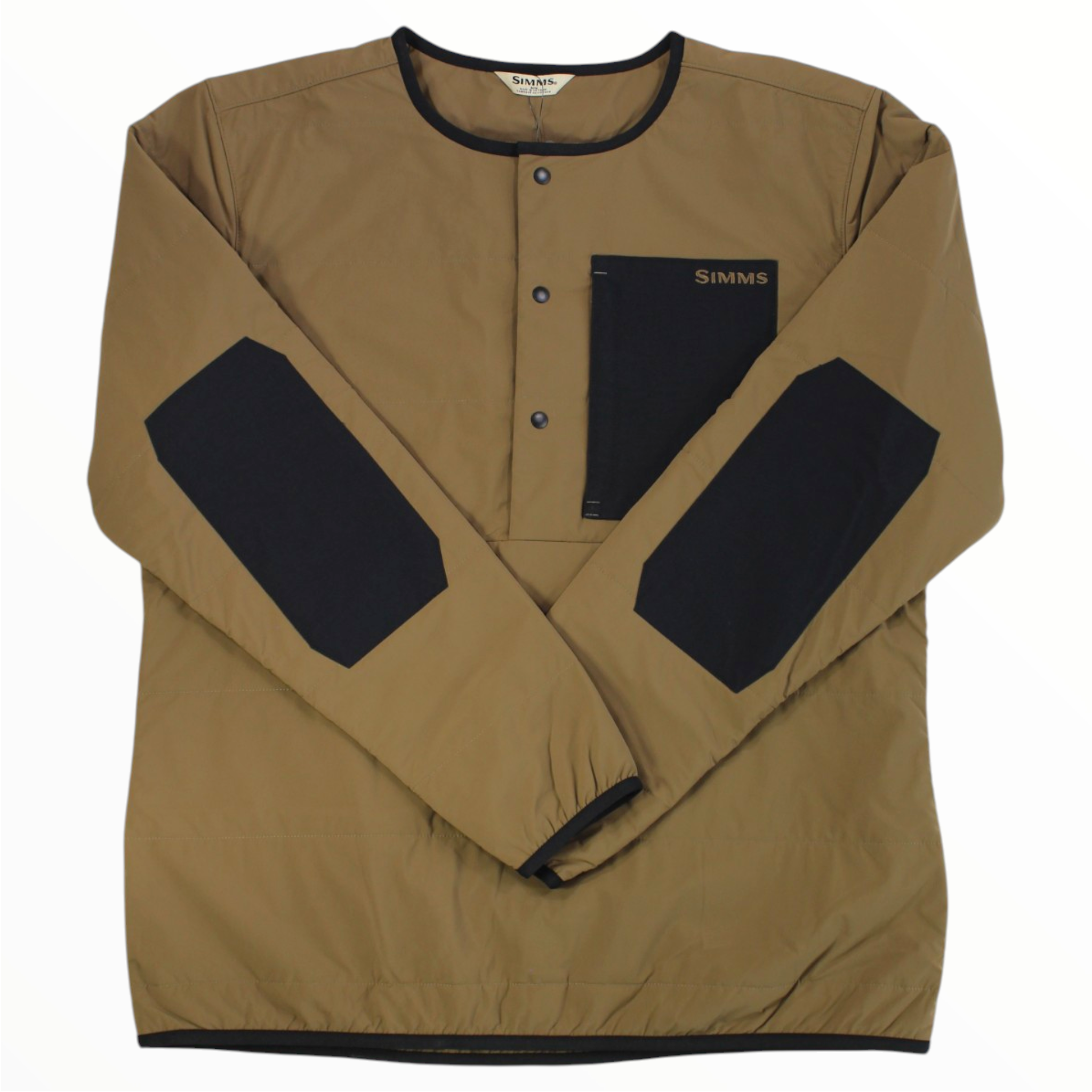 Men's midstream henley shirt in tan with navy button placket and color-blocked sleeves