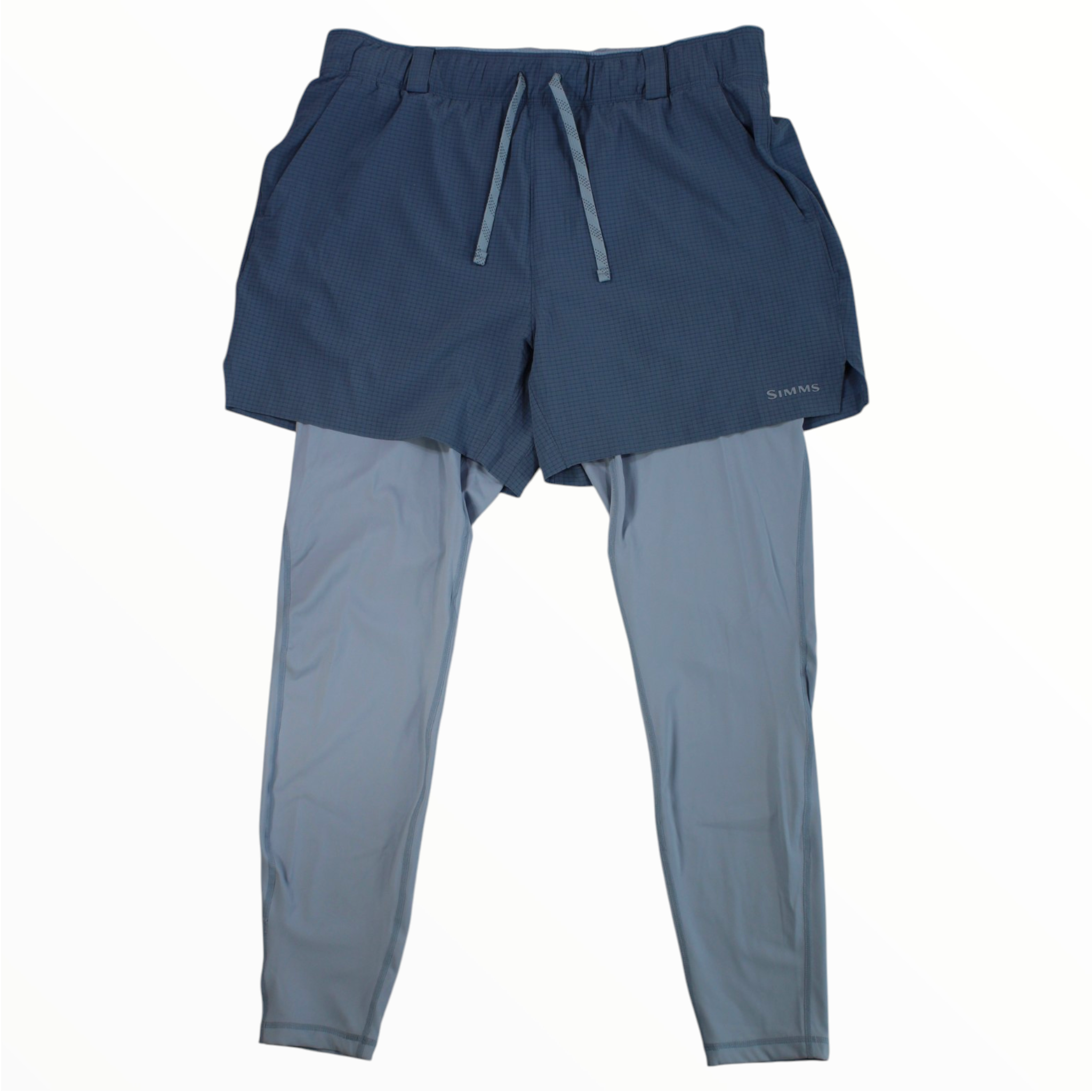 Men's bicomp fishing bottom with navy shorts over light blue leggings