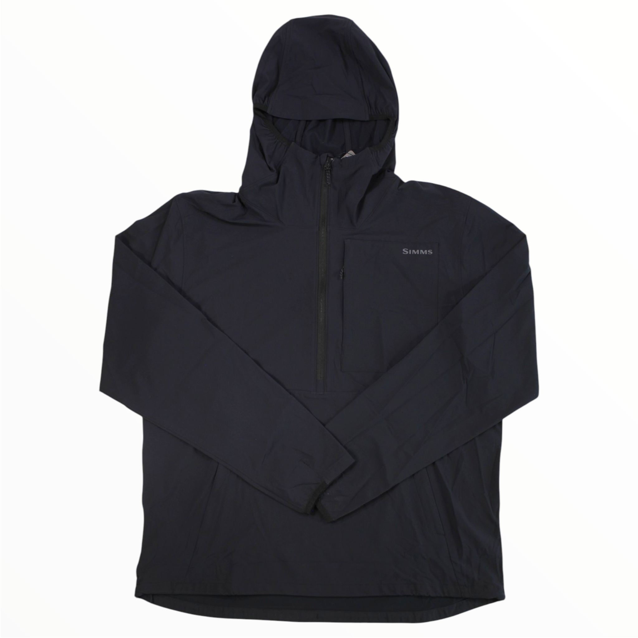 Black hooded windproof anorak with full-length front zipper and chest logo