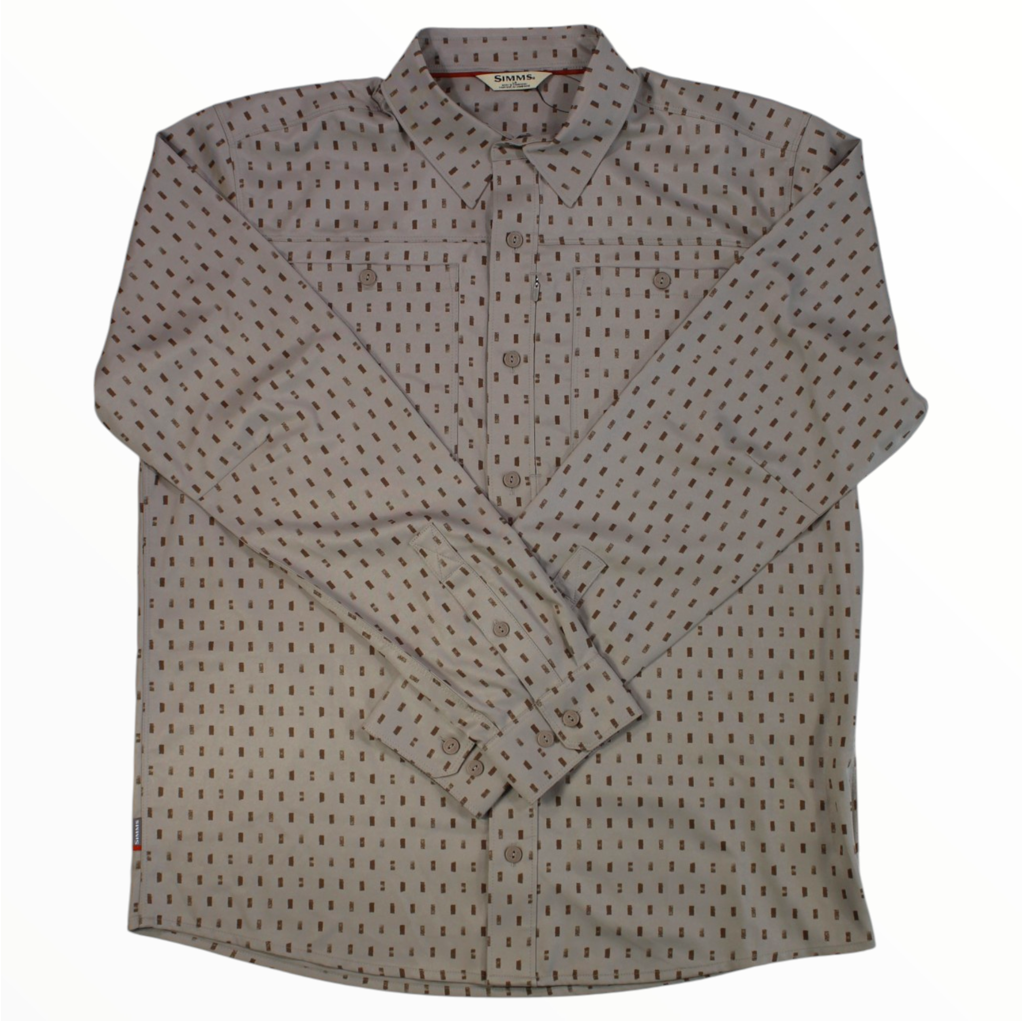 Men's long-sleeve button-up shirt, tan with dark geometric dot pattern