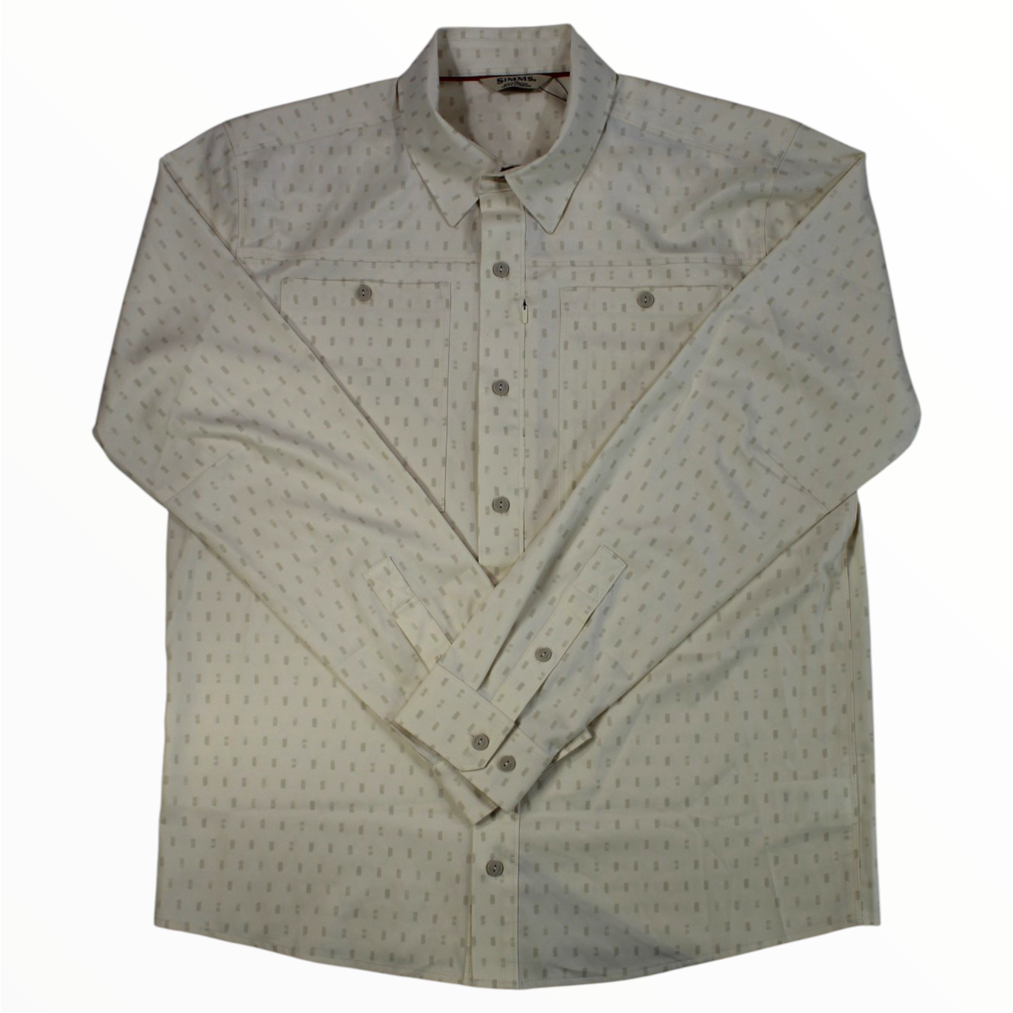 Men's long-sleeve button-up shirt, light tan with small dotted pattern