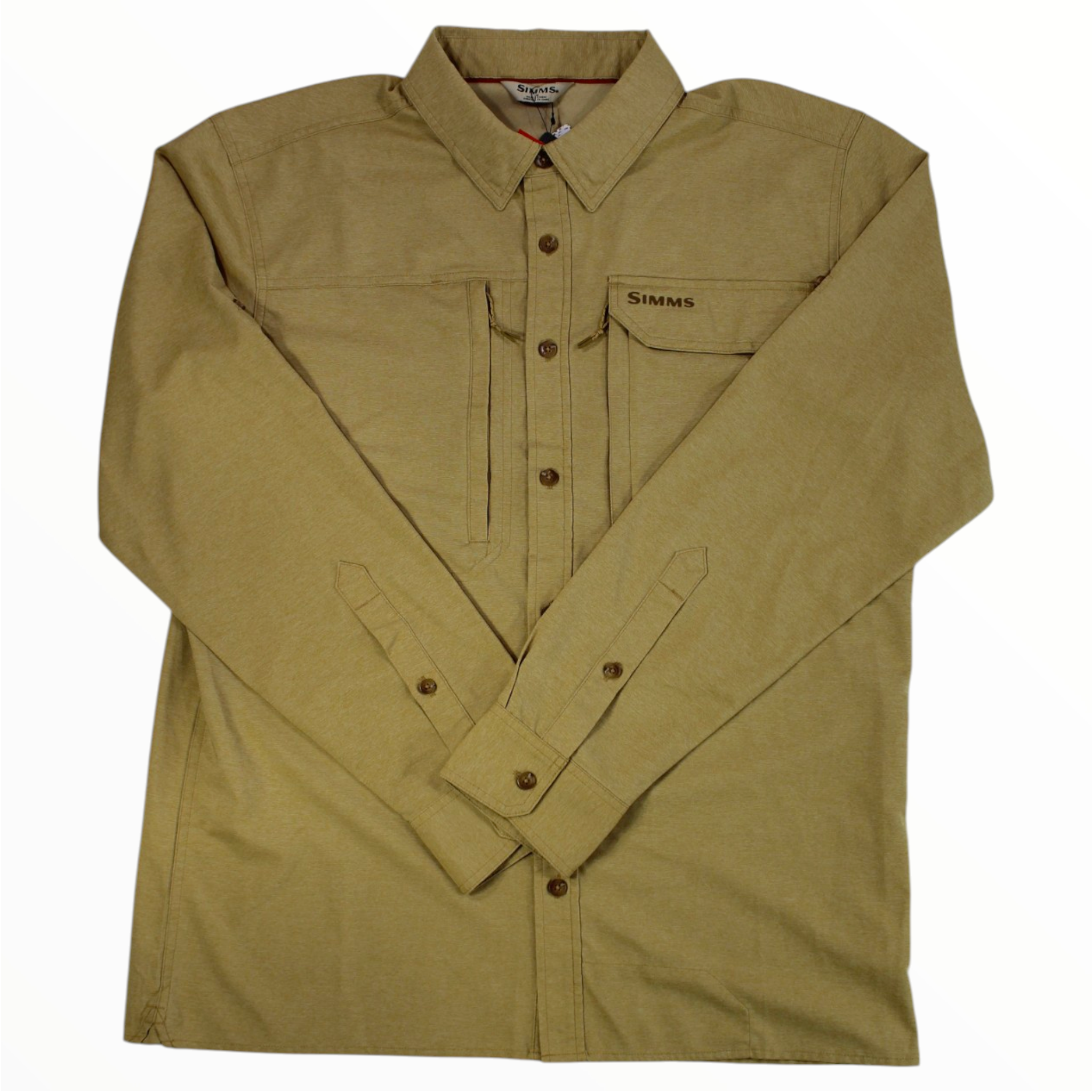 Men's long-sleeve button-up shirt in olive-brown heather with chest pocket