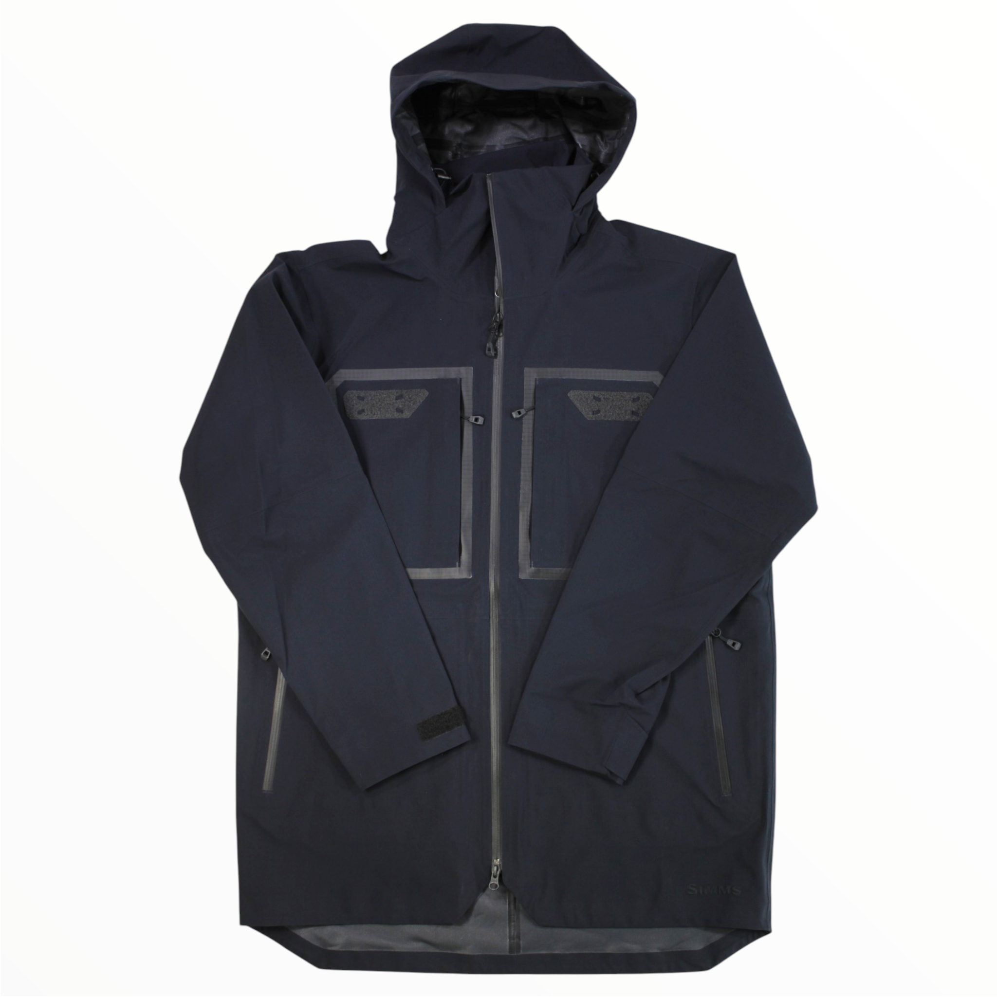Men's wading jacket with hood, full zip, and water-resistant front pockets, dark