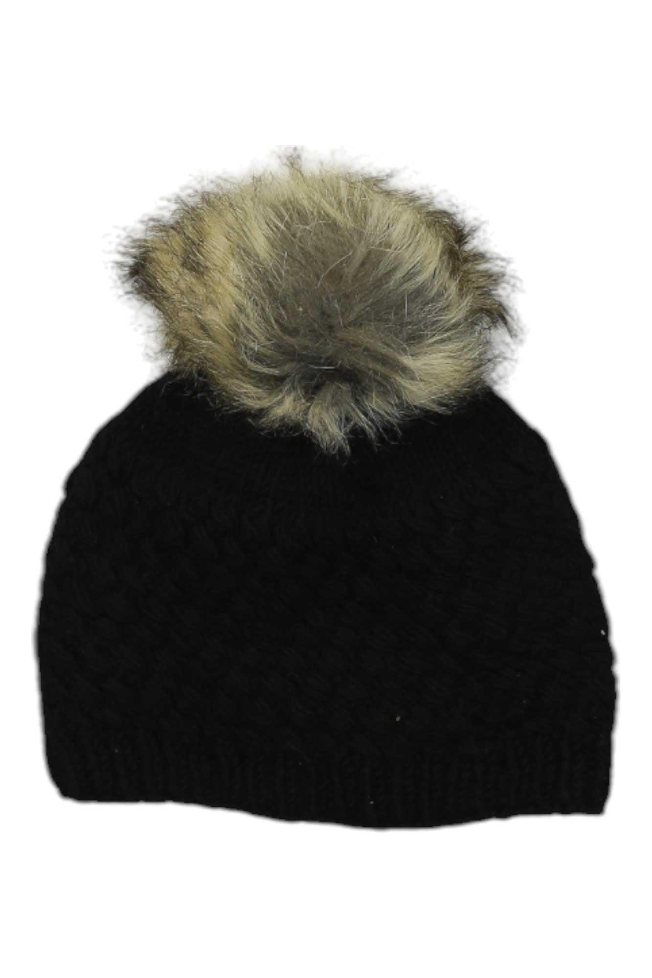 The Lost Horizons Womens Palermo Fleece Lined Beanie is a black hat for women with a large, fluffy light brown faux fur pom-pom on top, shown against a white background.