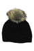 The Lost Horizons Womens Palermo Fleece Lined Beanie is a black hat for women with a large, fluffy light brown faux fur pom-pom on top, shown against a white background.