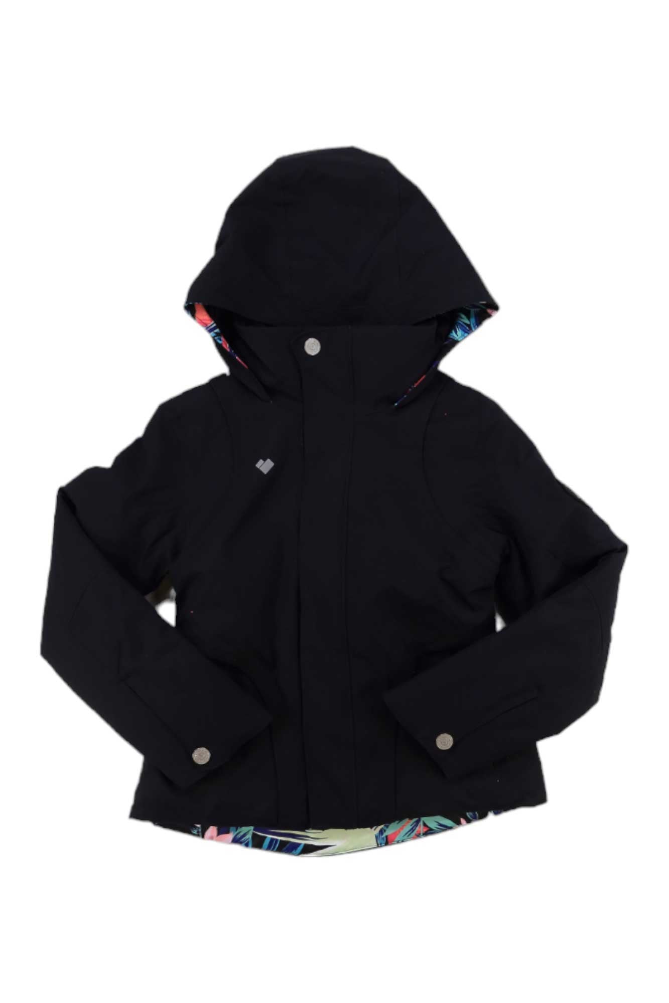 The Obermeyer Girls Rylee Jacket is a black hooded ski jacket for girls featuring snap button cuffs and a vibrant inner lining, shown flat on a white background.