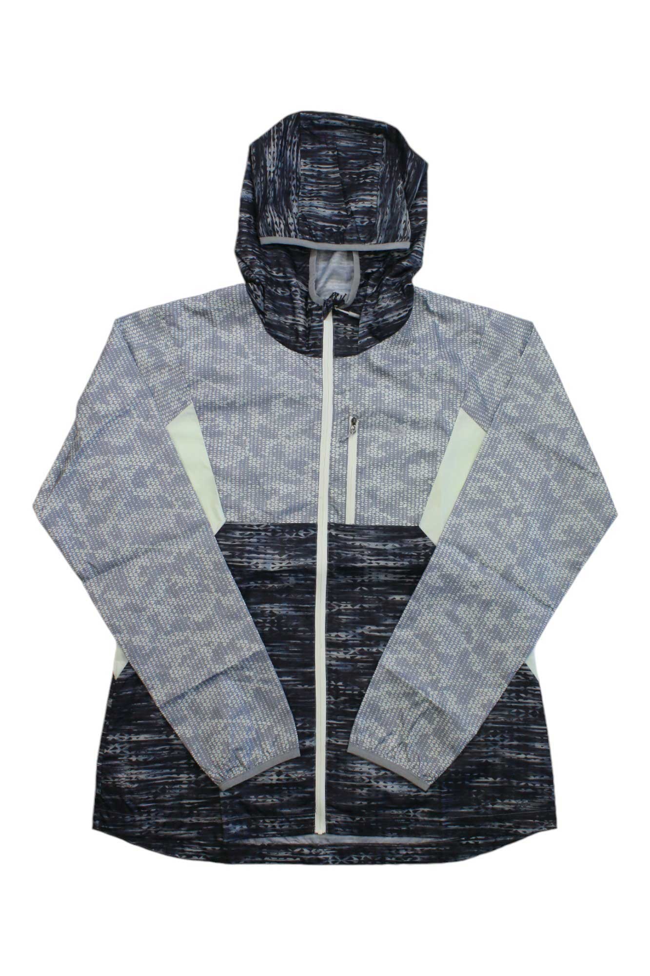 The GoLite Womens ReGreen Windshell is a lightweight, hooded, wind-resistant zip-up jacket with a gray and black pattern, zip chest pocket, light contrast side panels, and eco-friendly recycled polyester construction.