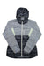 The GoLite Womens ReGreen Windshell is a lightweight, hooded, wind-resistant zip-up jacket with a gray and black pattern, zip chest pocket, light contrast side panels, and eco-friendly recycled polyester construction.