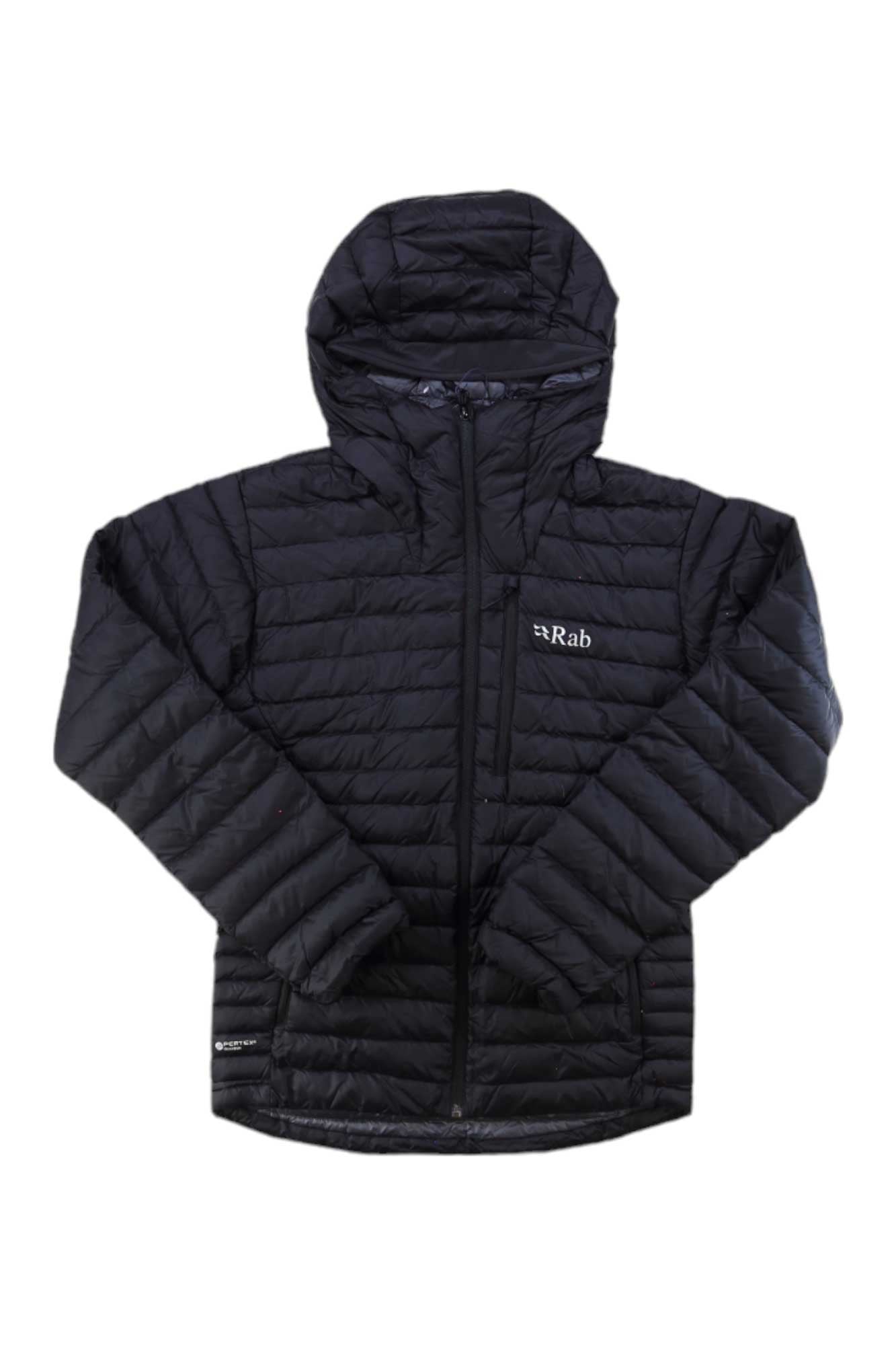 Men's black hooded alpine puffer jacket with full-zip, quilted baffles, and Rab logo.