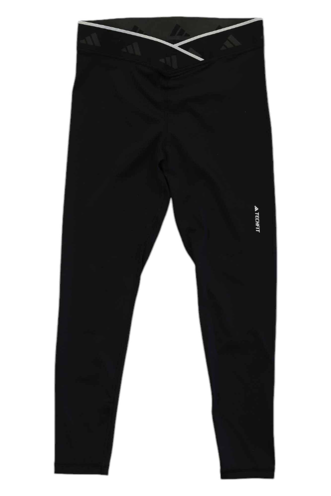 The Adidas Womens Techfit Vsh 7/8 Tight offers black compression leggings with a crisscross waistband, moisture-wicking comfort, and a white logo on the left thigh—ideal for workouts and shown against a white background.