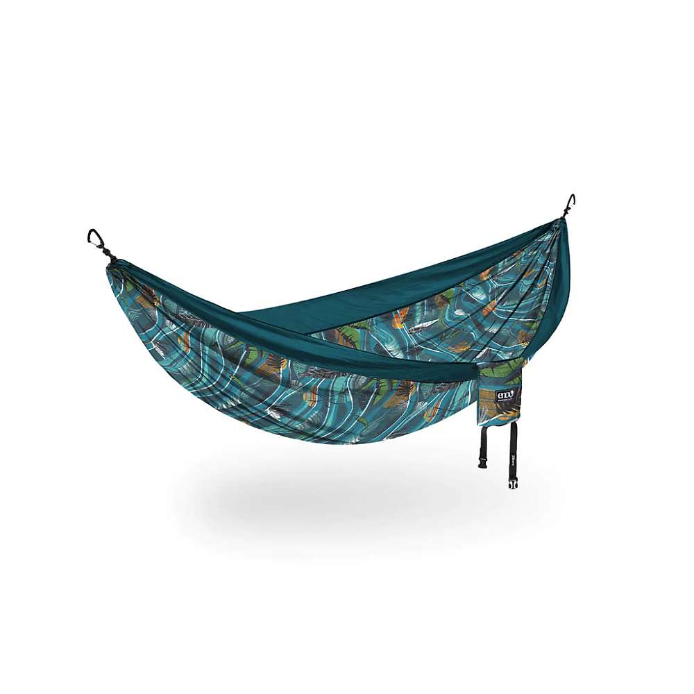 Hammock in teal and green patterned fabric with attached straps and black tie hardware