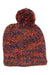 The Margo Knit Hat is a unisex beanie with a vibrant brown, red, and purple pattern, topped with a pom-pom and finished with a patch label near the brim—ideal for outdoor adventures.