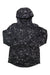 The Obermeyer Women's Celestia Jacket is a black hooded ski jacket with a white and gray abstract pattern. Lightweight and stylish, it's ideal for women's winter adventures on the slopes.