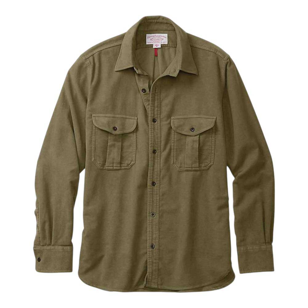 The Filson Men's Moleskin Seattle Shirt in olive green features long sleeves, two chest pockets with buttoned flaps, and a visible collar—offering wind-resistant comfort in a casual, neatly styled design.