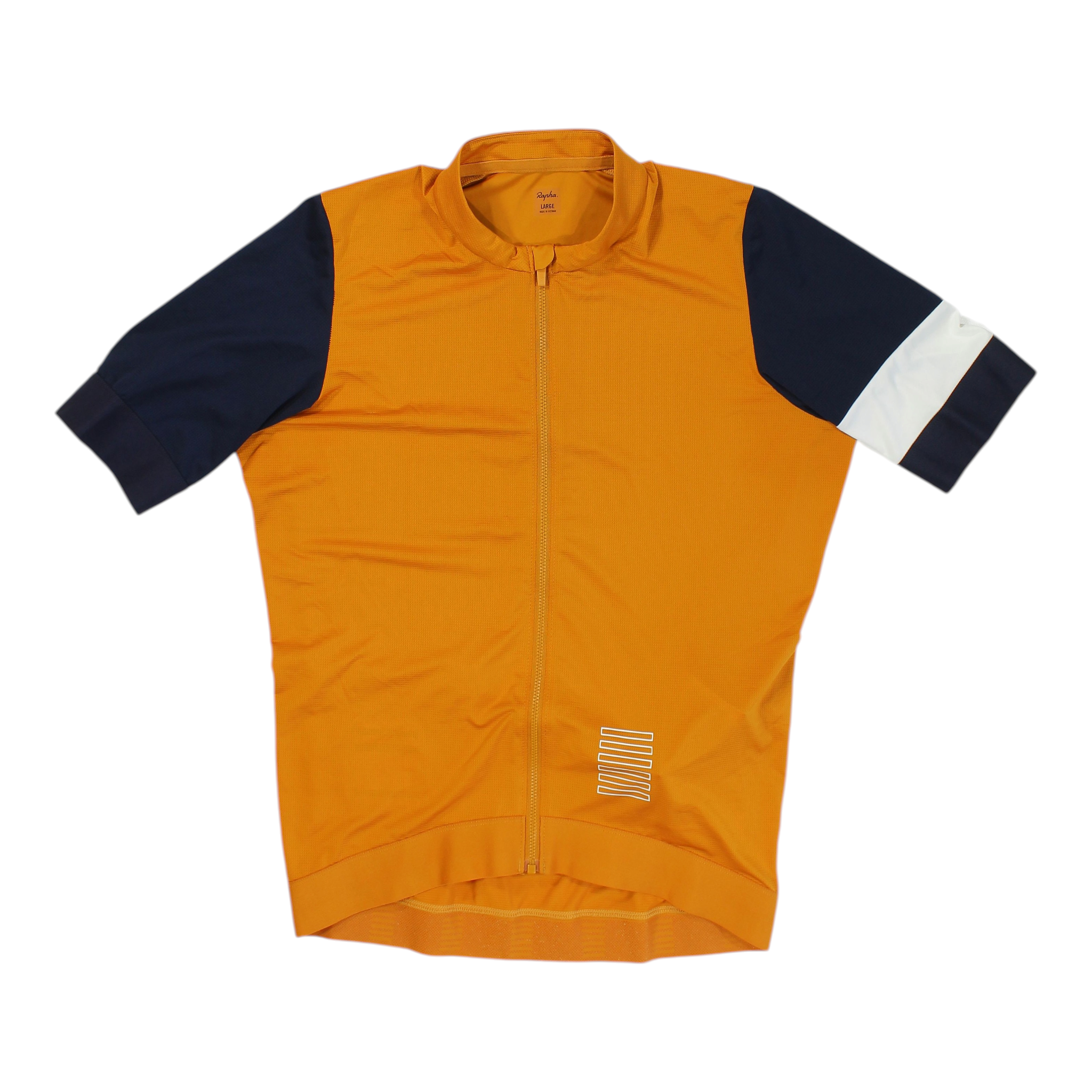 Orange and navy short-sleeve cycling jersey with full-zip front and white chest stripes