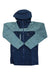The Haglofs Men's Vassi GTX Pro Jacket is a two-tone freeride ski jacket with dark blue on the lower body and sleeves, light blue on the upper chest, arms, and hood. It features a front zipper, multiple zippered pockets, and is inspired by GORE-TEX Pro design.