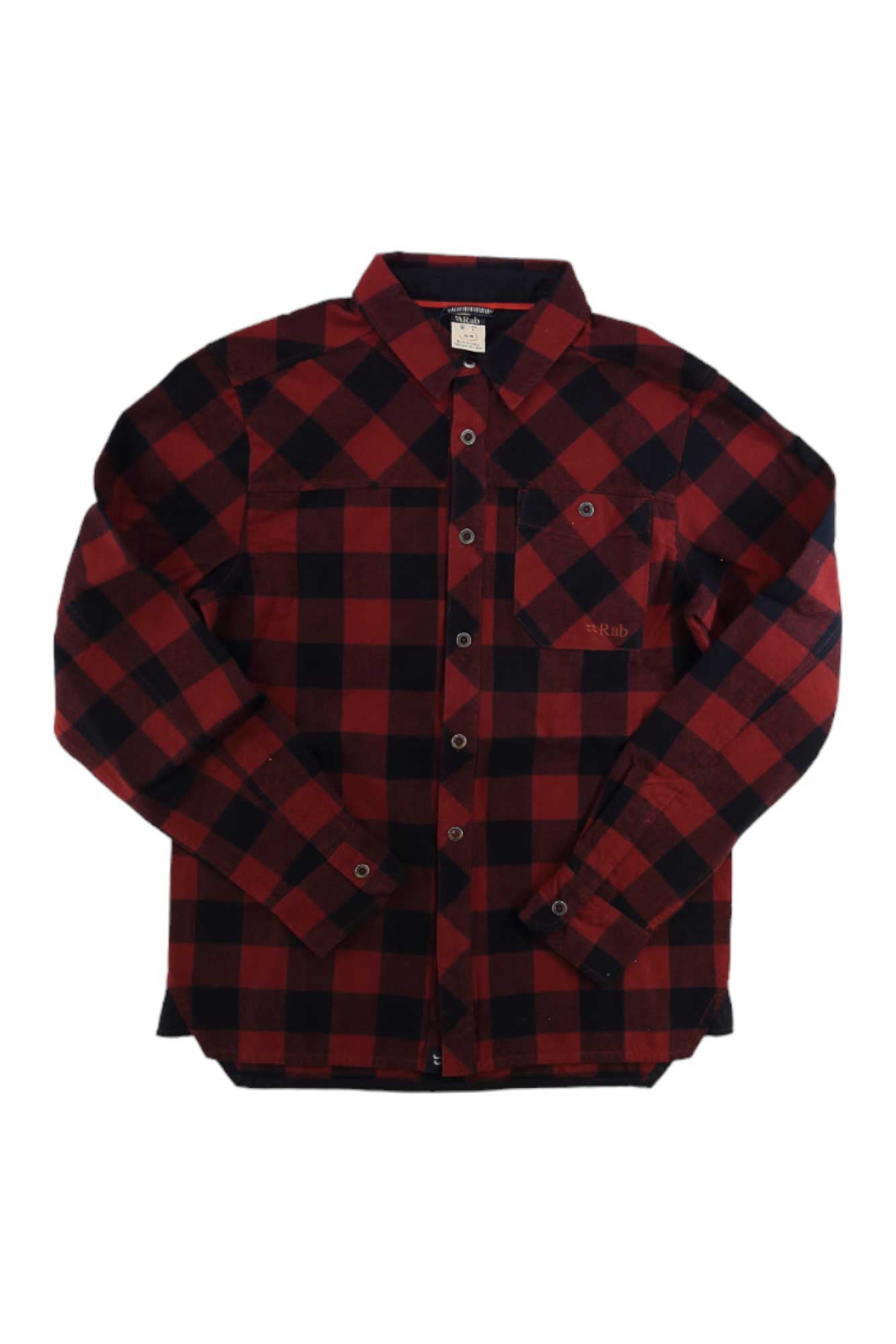 The Rab Mens Boundary Shirt is a long-sleeve, button-up cotton shirt with a red and black plaid pattern and a single chest pocket.