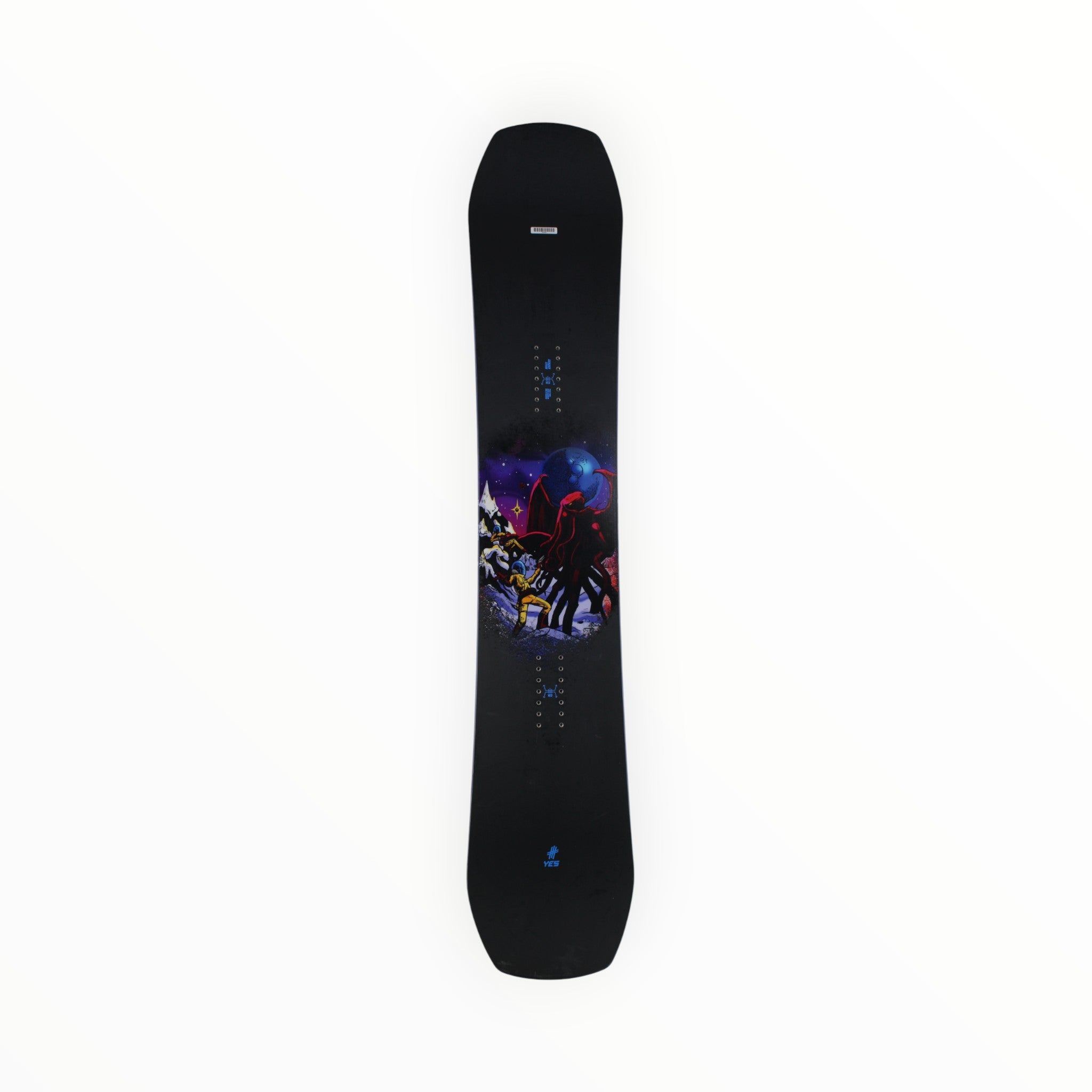 The YES Sender Xtrm Snowboard is a black all-mountain board with a vibrant center graphic of a red astronaut on a moon-like surface, set against a purple-blue starry space background, featuring its responsive camber profile.