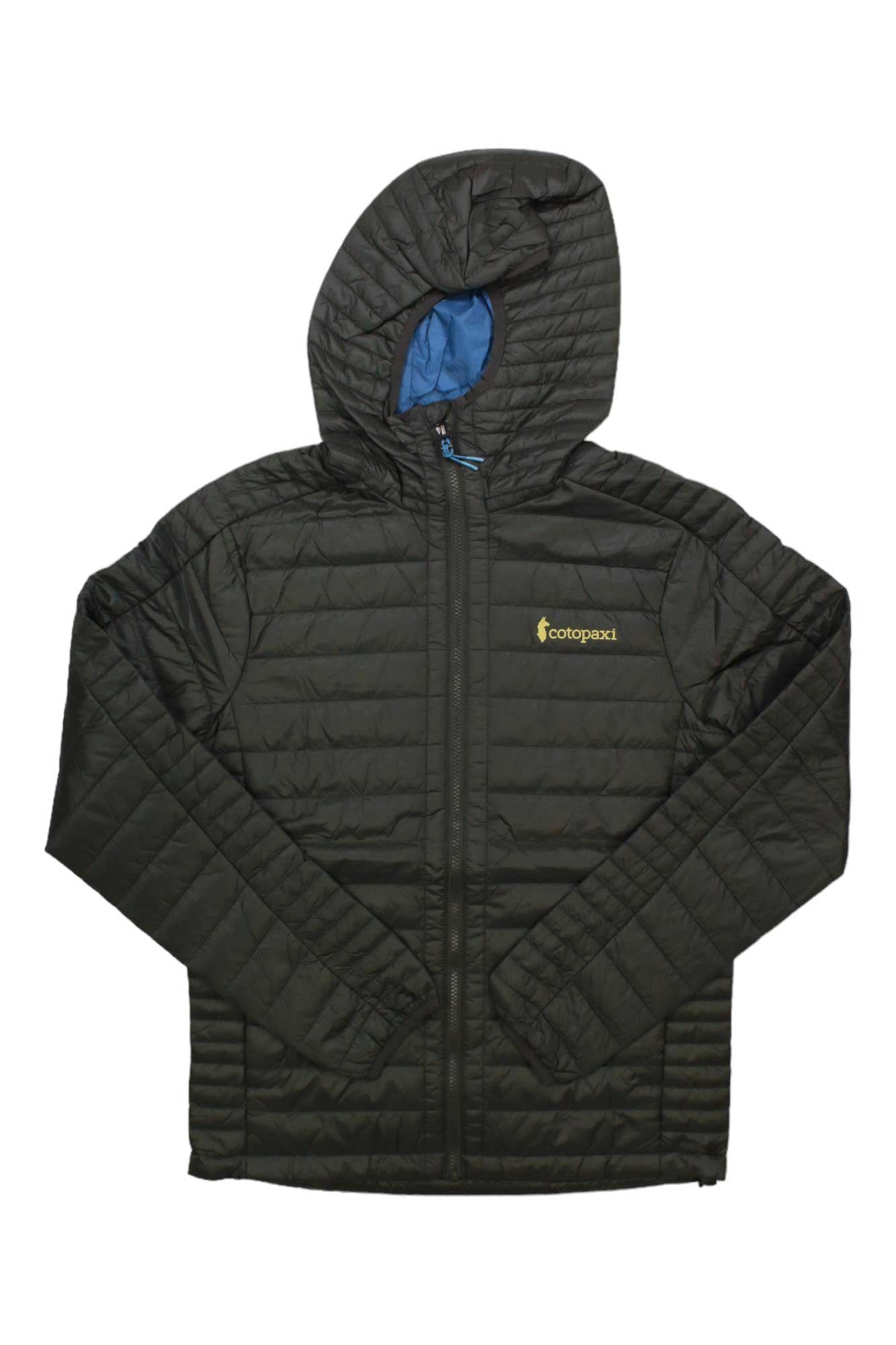 The Cotopaxi Mens Capa Insulated Hooded Jacket is a black, quilted jacket featuring a yellow and green logo on the chest, blue-lined hood, and front zipper—perfect for outdoor adventures.
