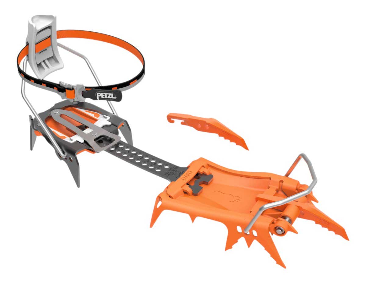 Orange and silver crampon with side spikes and black webbing strap