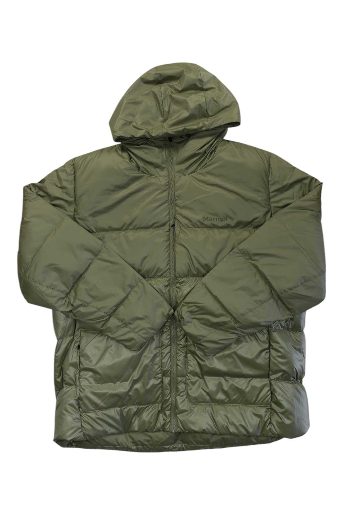 The Marmot Men's Guides Down Big Hoody in olive green features 700 fill down, a front zipper, quilted sections, and long sleeves—ideal for hiking. Shown laid flat on a white background.