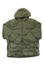 The Marmot Men's Guides Down Big Hoody in olive green features 700 fill down, a front zipper, quilted sections, and long sleeves—ideal for hiking. Shown laid flat on a white background.