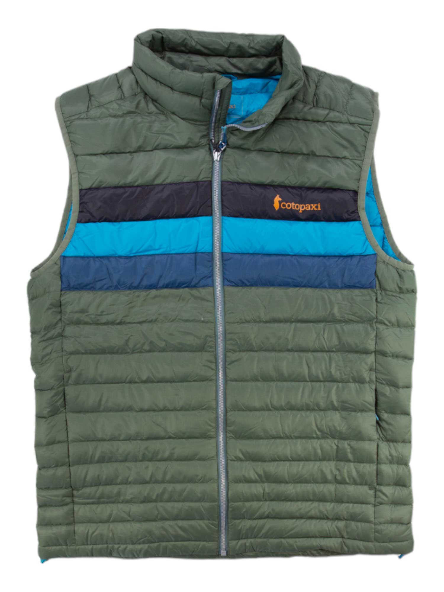 The Cotopaxi Mens Fuego Down Vest is green with horizontal black and blue chest stripes, a front zipper, high collar, sleeveless design, orange Cotopaxi logo on the left chest, and water-resistant down insulation for warmth.