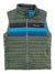 The Cotopaxi Mens Fuego Down Vest is green with horizontal black and blue chest stripes, a front zipper, high collar, sleeveless design, orange Cotopaxi logo on the left chest, and water-resistant down insulation for warmth.