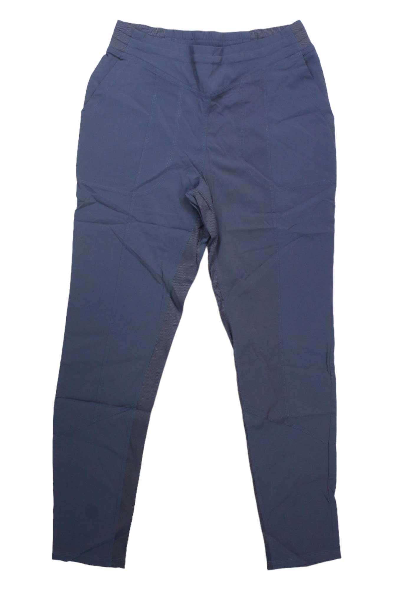 Women's navy-blue pants with elastic waistband and cargo pockets, ankle length