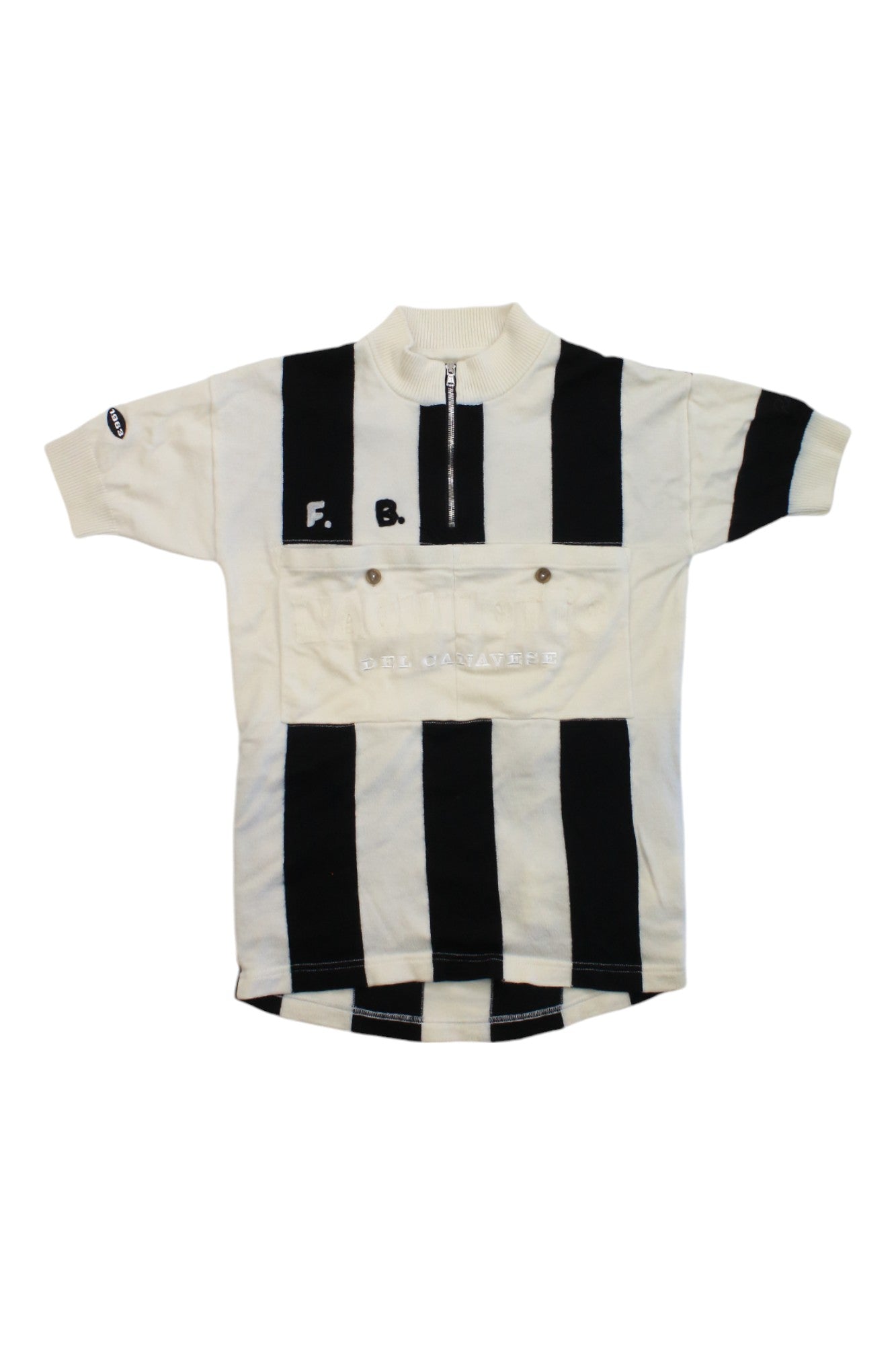 The Rapha Balmamion Club Jersey is a short-sleeved vintage cycling jersey with black and white stripes, high collar, short zip, chest pocket, F.B. initials, and embroidered logo—part of a limited edition inspired by Franco Balmamion’s Giro victory.