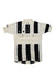 The Rapha Balmamion Club Jersey is a short-sleeved vintage cycling jersey with black and white stripes, high collar, short zip, chest pocket, F.B. initials, and embroidered logo—part of a limited edition inspired by Franco Balmamion’s Giro victory.