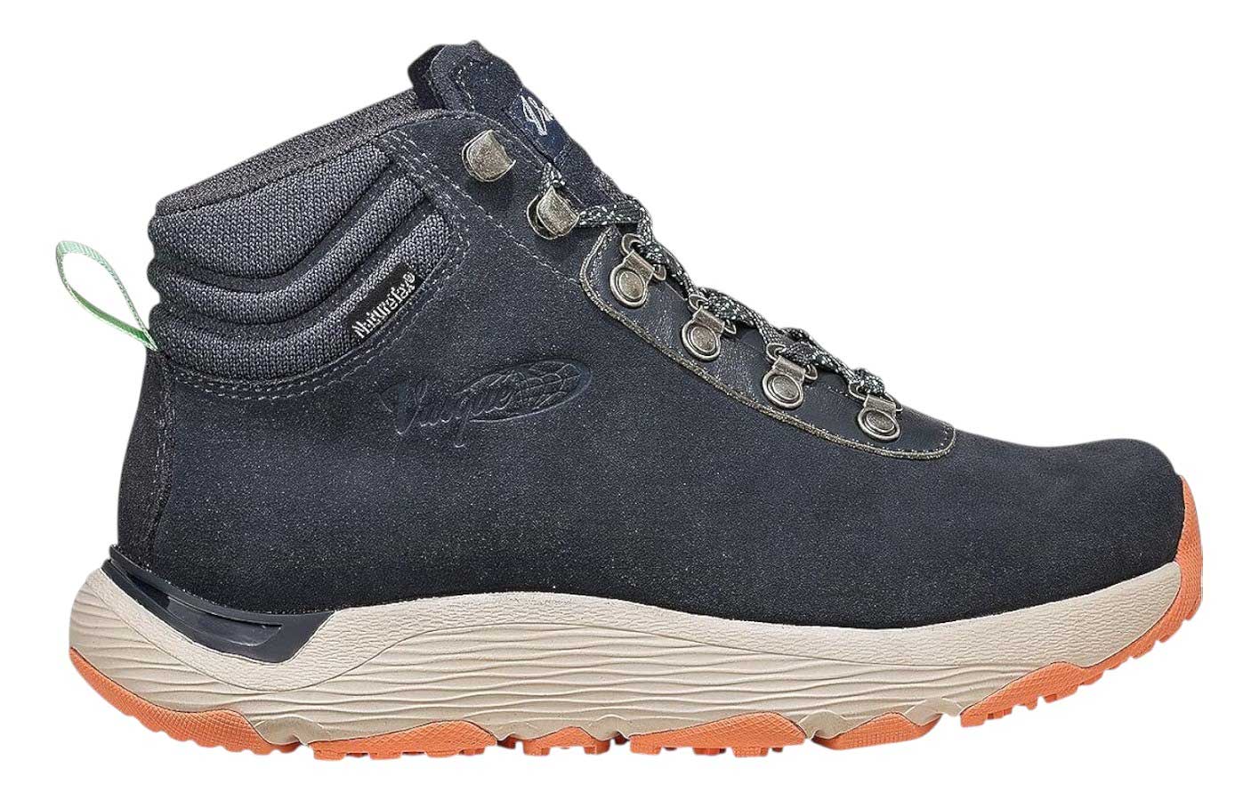 The Vasque Womens Sunsetter Boot is a dark gray, waterproof hiking boot with a textured sole, metal eyelets, patterned laces, light tan midsole, orange rubber outsole, green back pull tab, and eco-friendly recycled materials.