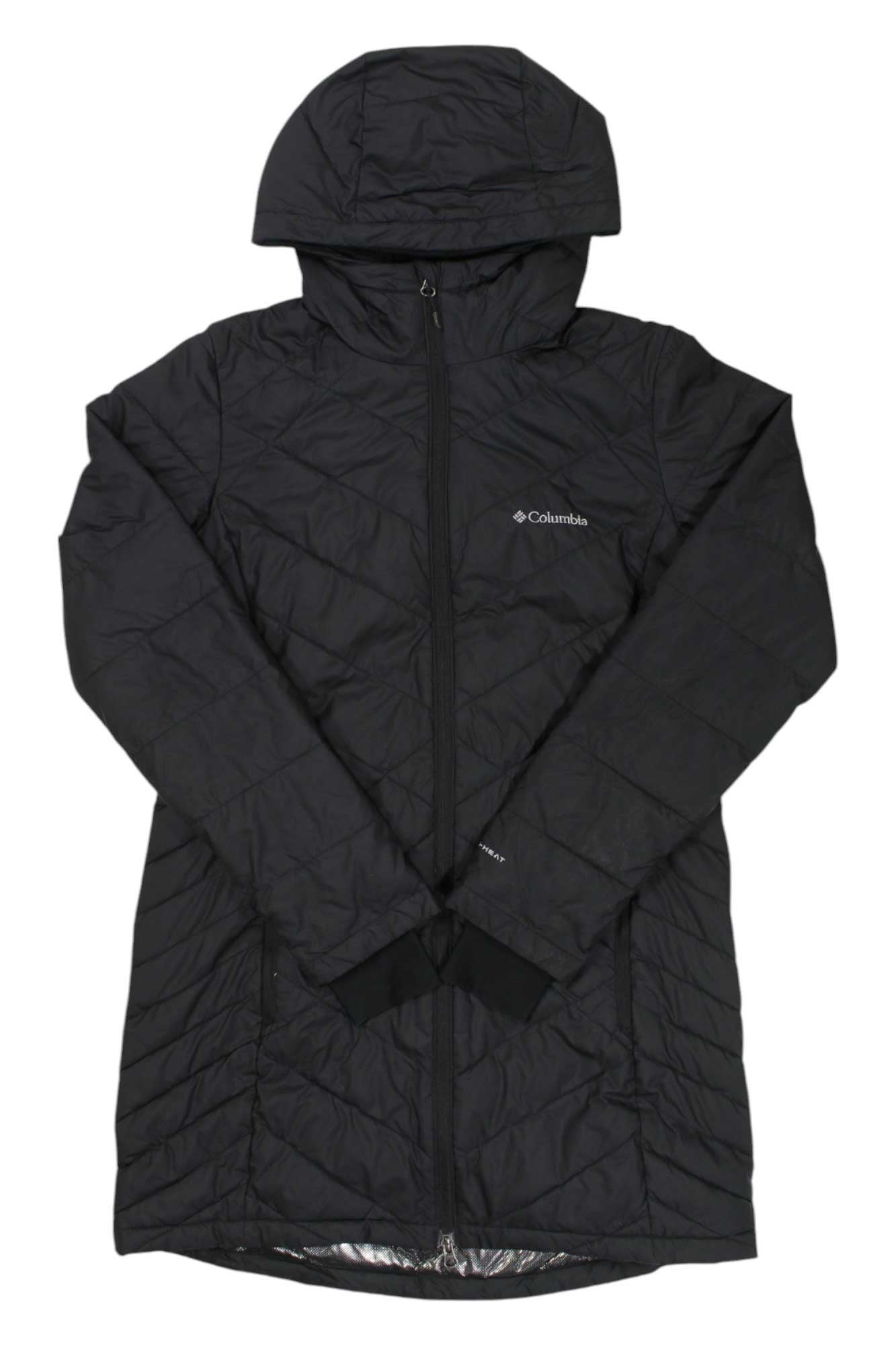 Women's black hooded puffer jacket, full-zip with Columbia logo