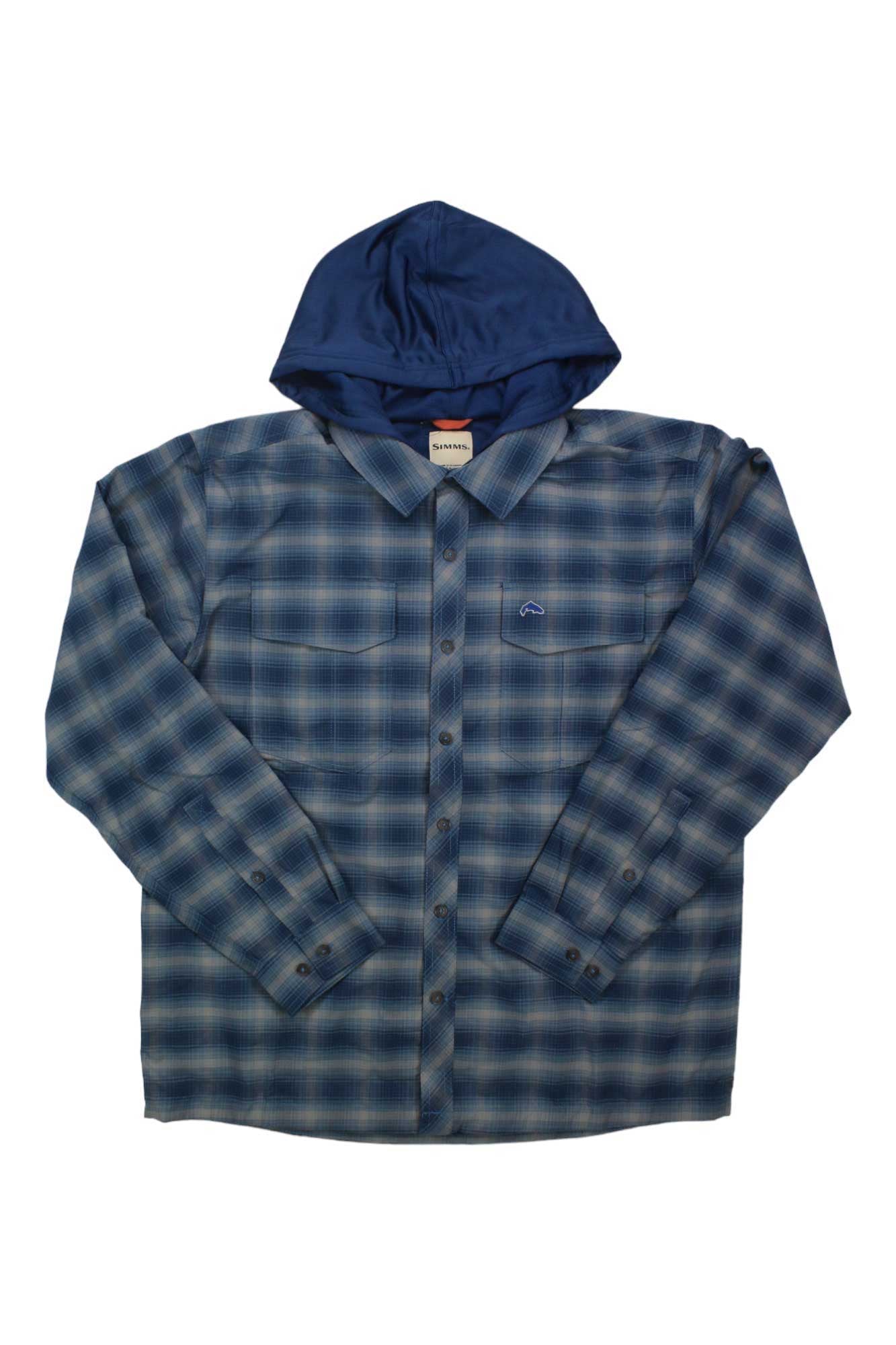 The Simms Mens Coldweather Hoody is a blue and gray plaid flannel shirt with long sleeves, a solid navy blue hood, and warm fleece lining, shown laid flat on a white background.