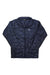 The Outdoor Research Men's SuperStrand LT Jacket, in navy blue with a front zipper and chest OR logo, is shown quilted and ultralight, laid flat on a white background.