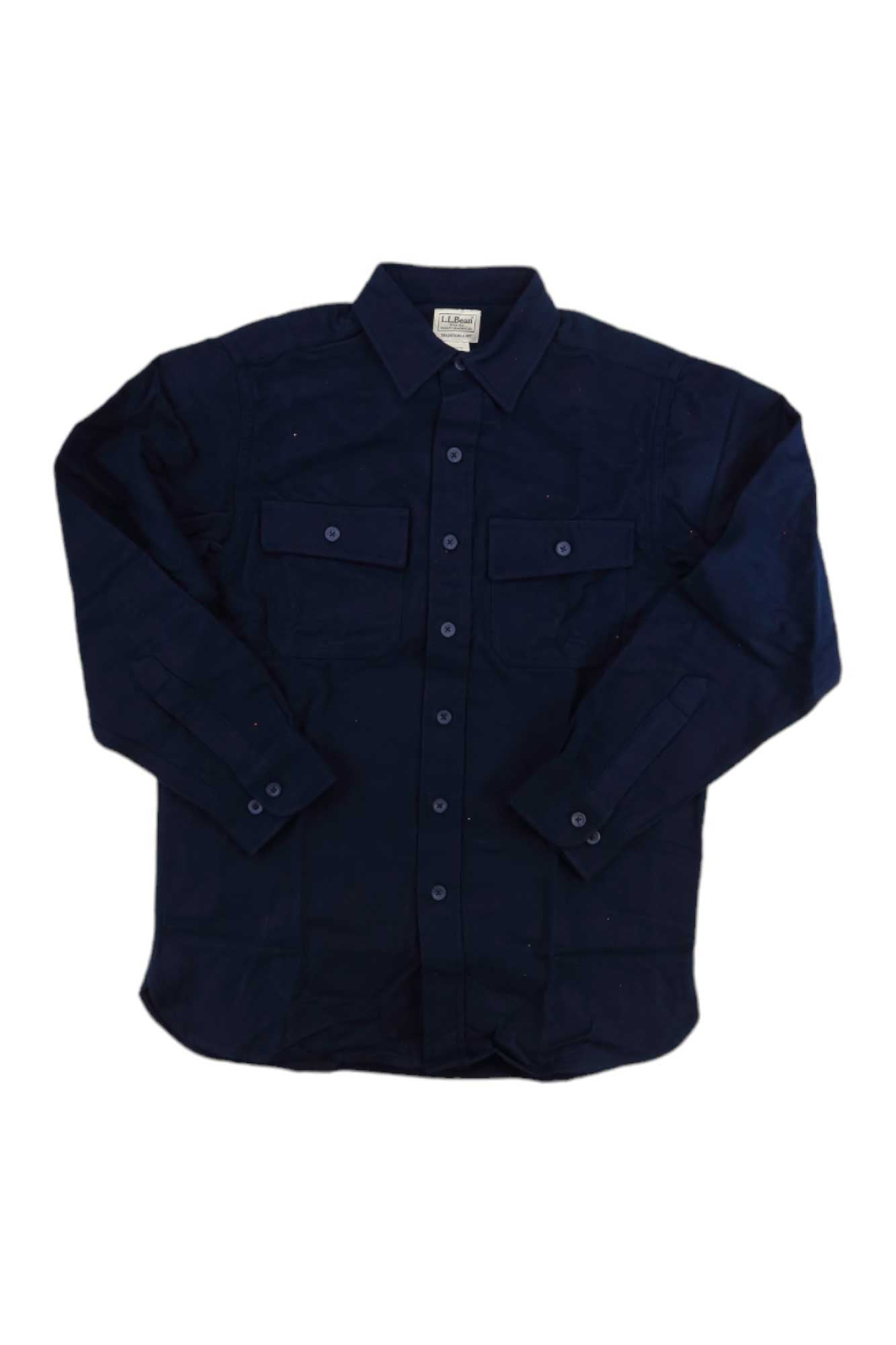 The L.L.Bean Men’s Chamois Shirt in dark navy features long sleeves, double-stitched seams, two chest pockets, and a collar, displayed flat on a white background.