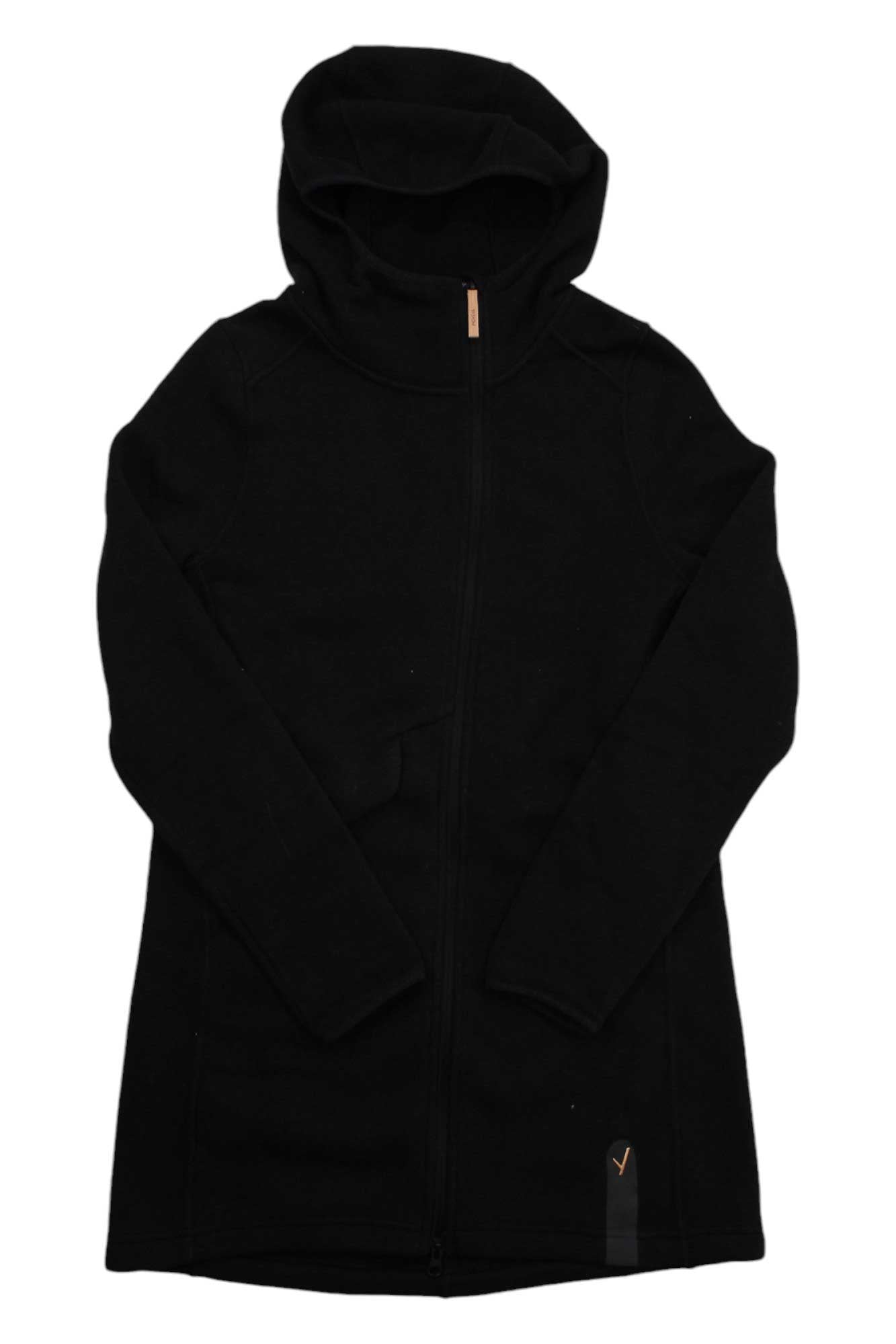The Indyeva Women's Naoko Hoodie is a long black hoodie with a YKK 2-way zipper, hood, long sleeves, and a small tag near the bottom hem, shown laid flat on a white background.