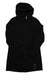 The Indyeva Women's Naoko Hoodie is a long black hoodie with a YKK 2-way zipper, hood, long sleeves, and a small tag near the bottom hem, shown laid flat on a white background.