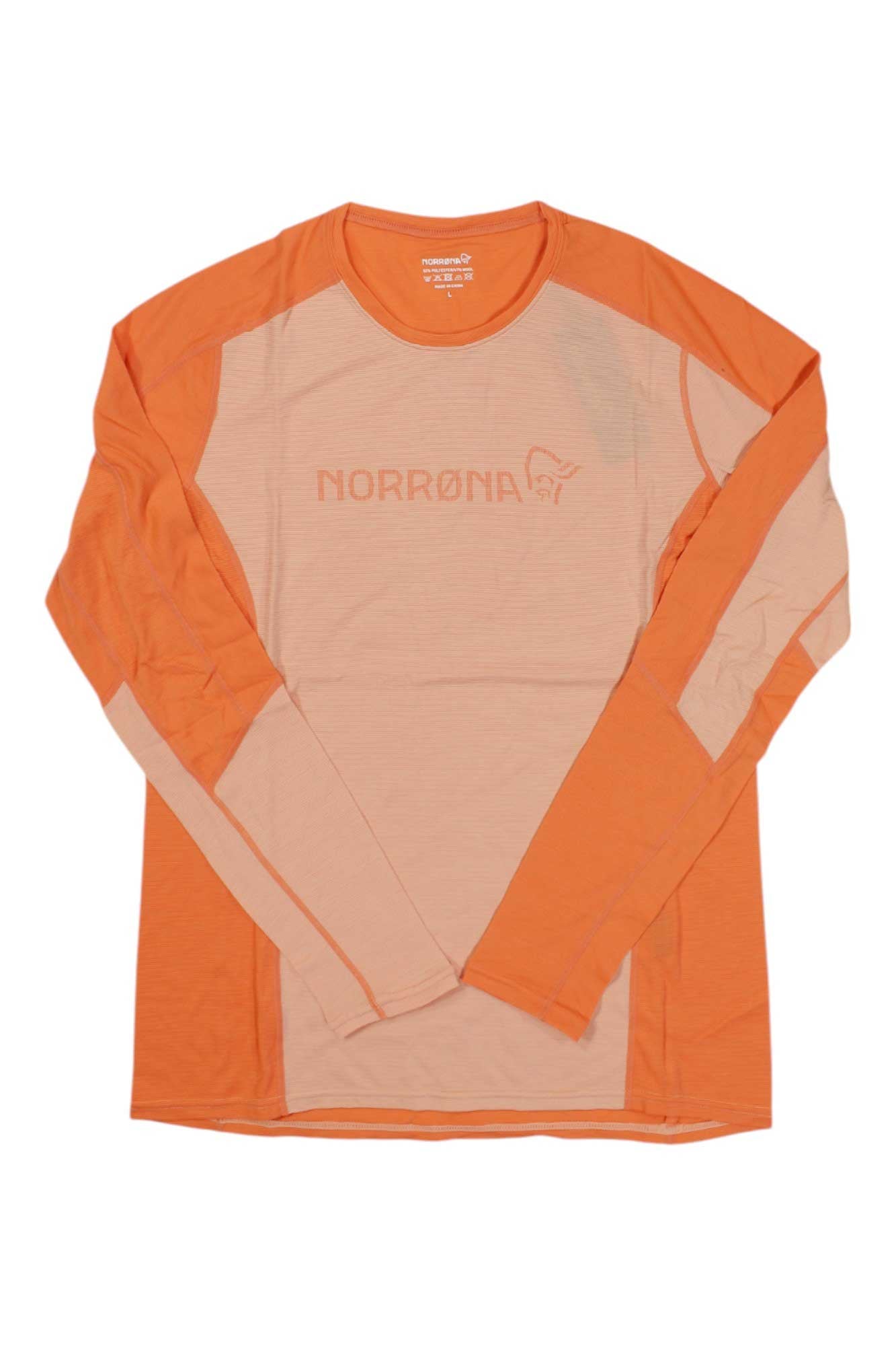 Women’s Norrona merino round-neck top, orange with contrasting pale panels