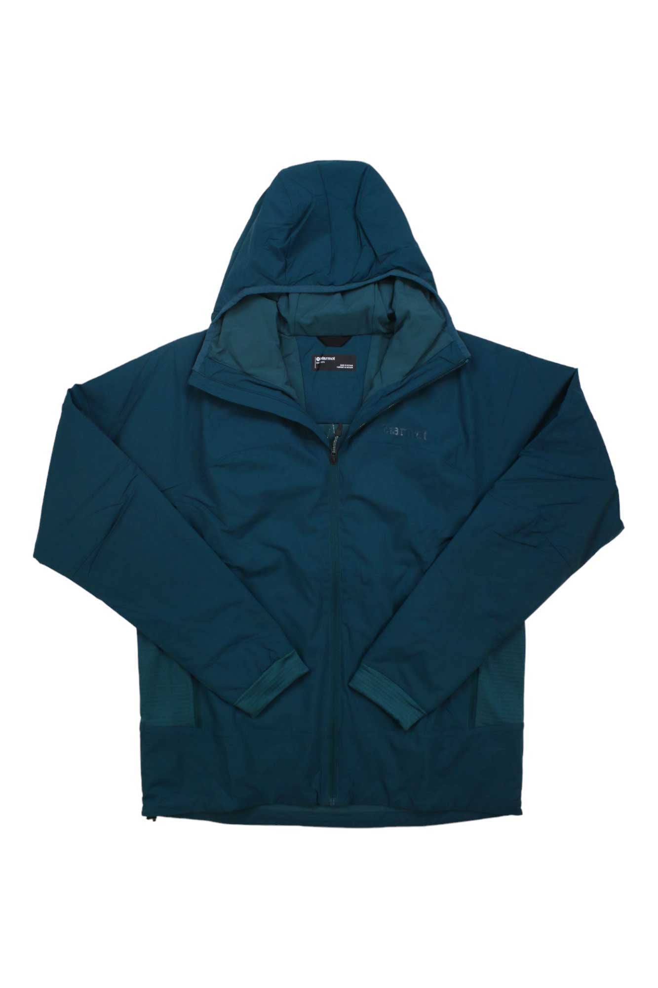 A Marmot Mens Novus LT Hybrid Hoody in teal, featuring a front zipper, long sleeves, side pockets, and lightweight PrimaLoft Silver insulation, is laid flat on a white background.