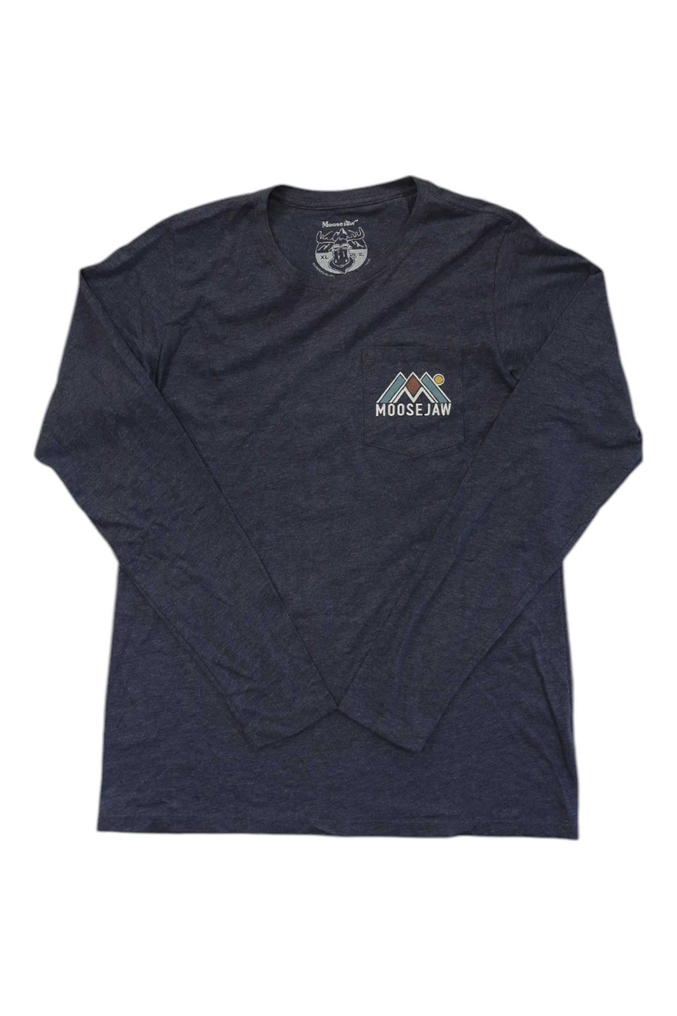 The Moosejaw Womens Club Sandwich LS Pocket Tee is a long-sleeve dark gray shirt made from organic cotton and recycled polyester, with a small Moosejaw logo of mountains and sun on the left chest. The tee is shown laid flat on a white background.