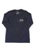 The Moosejaw Womens Club Sandwich LS Pocket Tee is a long-sleeve dark gray shirt made from organic cotton and recycled polyester, with a small Moosejaw logo of mountains and sun on the left chest. The tee is shown laid flat on a white background.
