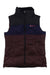 Quilted down vest with high collar, black and navy upper, burgundy lower, front zip
