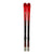 A pair of Atomic Redster G9 Revoshock FIS Skis w/ Rails in red and black with gray tips, seen from above standing upright with bindings. Designed for speed, these skis feature Revoshock tech and Titanium Backbone for stability and power.