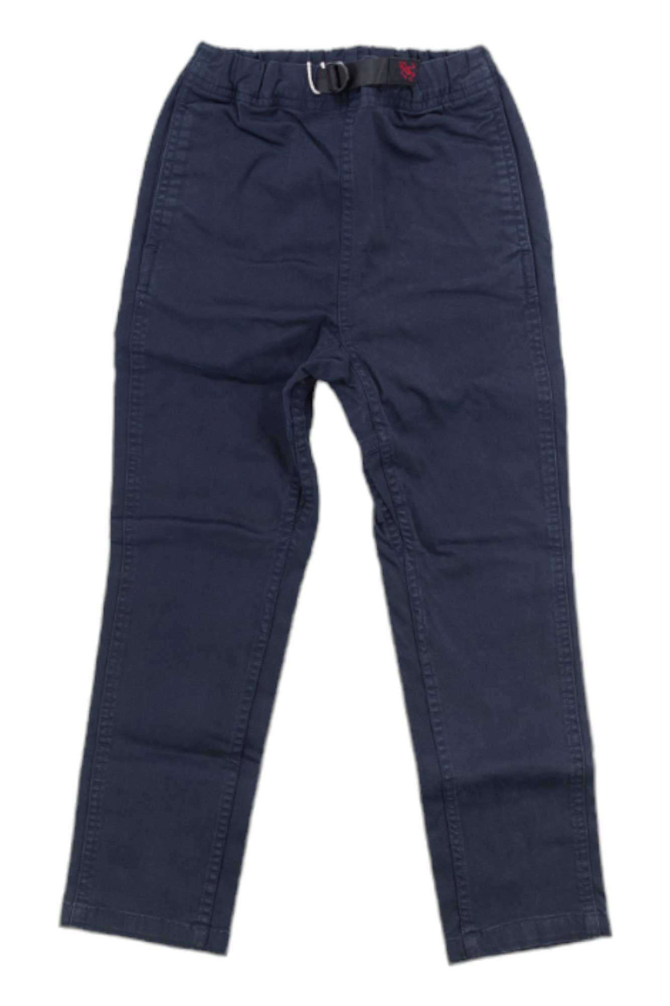 The Gramicci Kids Narrow Pant in navy blue stretch cotton twill features an elastic, adjustable waistband, integrated black belt, relaxed fit, and visible seam stitching.